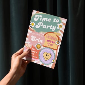 Groovy Retro Birthday Invitation: Emoji Tween Party (Editable Canva Template, Digital Download, 5x7 Printable)