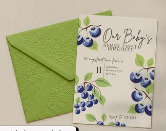 Berry First Birthday Invitation Template, Editable 5x7 Printable Invite, Blueberry Theme, 1st Brithday