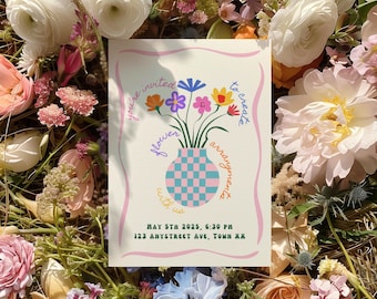 Flower Arranging Party Invitation Template, Editable 5x7 Printable Invite, Retro, Spring Florals, Girls Night