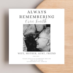 May include: Black and white photo of an older couple embracing. The text "ALWAYS REMEMBERING Erin Smith 1945-2025 WIFE, MOTHER, AUNT, FRIEND PLEASE JOIN US IN CELEBRATING HER LIFE MAY 24 AT 3:00 PM 123 ANYSTREET AVE, TOWN XX" is printed below the photo.