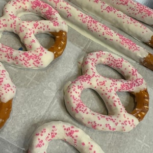 Chocolate Covered Pretzel Rods and Knots – Custom Colors, Party Favors, Sweet & Salty Treats