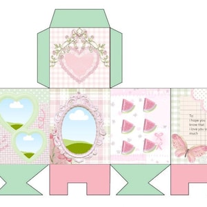 May include: A flat, unfolded gift box template with a pastel color scheme. The design includes a heart, watermelon slices, a butterfly, and a decorative frame. The text on the box reads: "To: I hope you know that I love you so much."