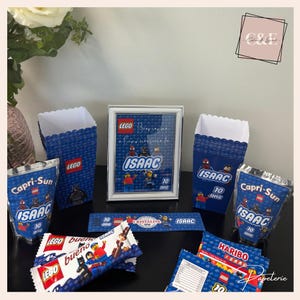 Personalized confectionery, personalized candies, personalized drinks, personalized birthday decorations, Lego or theme of your choice