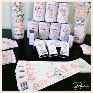Personalized confectionery, personalized candies, personalized drink, personalized birthday decoration, pink teddy bear or theme of your choice