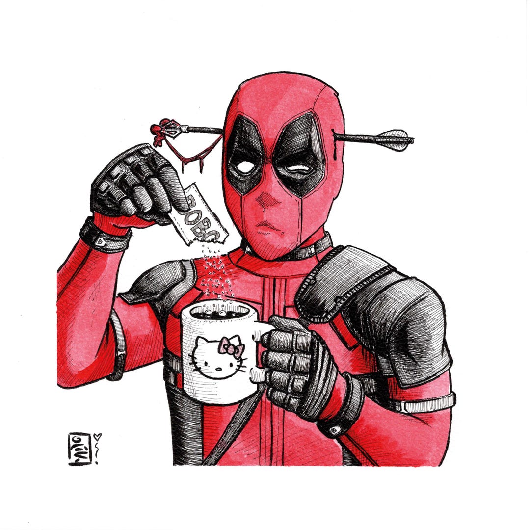 Deadpool and Hello Kitty Poster - Marvel Parody Illustration and Cafe ...