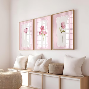 Pink Floral Wall Art Set|Feminine Botanical Prints|Blush Striped Flower Artwork for Bedroom, Nursery, or Living Room Decor Digital Download