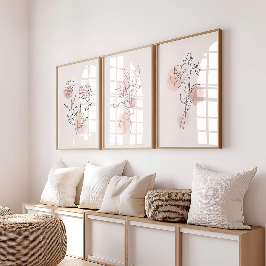 Minimalist Line Art Flower Prints Set of 3: Modern Blush Pink (digital ...