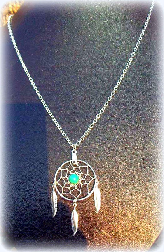 Dream catcher necklace in silver with Turquoise and three Etsy