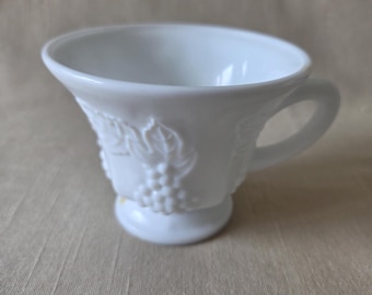 Vintage Harvest Pattern White Milk Glass Cups, Set of 2 Indiana Glass Teacups with handles, Wedding Table Decor, Farmhouse Kitchen, Retro