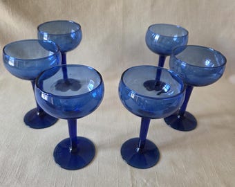 Vintage Cobalt Blue Stemmed Cocktail / Dessert Glasses — Set of 6 — 1950s–60s Mid-Century Glassware — Peacock Blue Barware