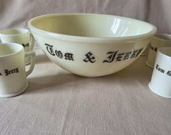 Vintage McKee Glass Tom and Jerry Punch Bowl Set, Creamy Milk Glass, 1 Large Bowl + 6 Mugs, Holiday Eggnog Set, Christmas Entertaining