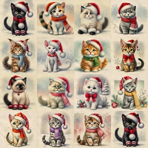 May include: A collage of 16 images featuring adorable cats wearing Santa hats and scarves. Each cat is depicted in a festive winter setting with snow and holiday decorations.