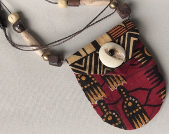 Vintage Tribal AMULET reversible cotton fabric beads, bone, hair pipe