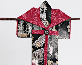 Small Kimono Wall Hanging made from vintage Asian fabrics & hung by chopstick 7 1/4" x 6 3/4"