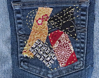 Sashiko POCKET boro Japanese designed on denim mending piece colorful 6" x 6"