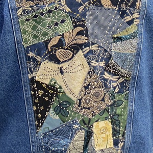 Women's Denim Jacket DRAGONFLY size PS Boro SASHIKO mending patched Bill Blass 100% cotton