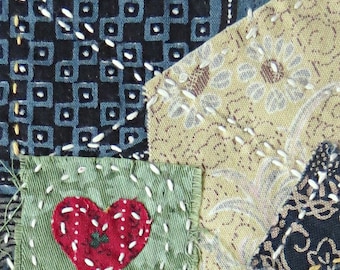 Sashiko VALENTINE slow stitched on denim Japanese cotton vintage fabrics wall~hanging boro PATCH