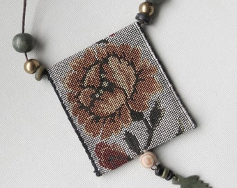 Woman's Talisman TAPESTRY necklace with beads on linen cord ~ Amulet for her