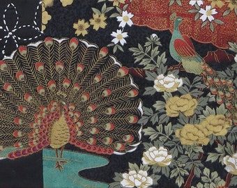 Asian TABLE RUNNER peacock, floral with gold outlining, sashiko ~ Very Formal for your best china