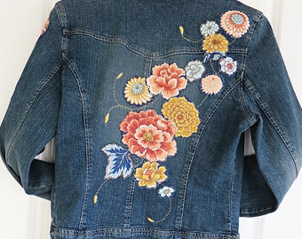 Women's Denim jacket "Live a Little" size S patched and embroidered with big fabulous flowers and stems 99% cotton