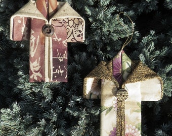 Two Small KIMONO ORNAMENTS from Asian fabrics Origami style Christmas tree hangers Free Shipping