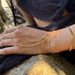 Gold Plated Sterling Silver Hand Chain Bracelet: Crystal Ring, Boho Jewelry