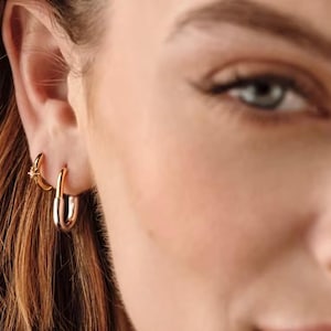 Two-Tone Sterling Silver- Gold Huggie Earrings -925 Oval Lock Earrings-Modern Minimalist Hoops-Unisex Chunky Earrings