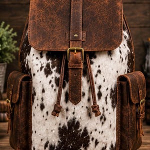 May include: A backpack featuring a brown distressed leather top flap and side pockets with antique brass buckles. The main body is covered in a white and black cowhide pattern. The bag includes a drawstring closure and a top handle for carrying.