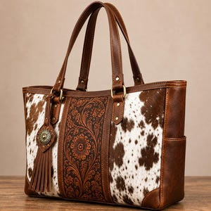 May include: A brown and white cowhide tote bag featuring a central vertical panel with intricate floral tooling. The bag includes brown leather handles, side pockets, and a decorative leather tassel charm with a circular metal emblem attached.