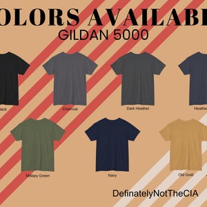 May include: A selection of Gildan 5000 t-shirts in various colors, including black, charcoal, dark heather, heather navy, military green, navy, and old gold.