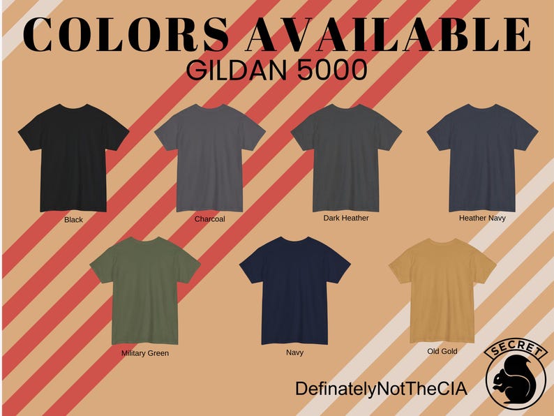 May include: A selection of Gildan 5000 t-shirts in various colors, including black, charcoal, dark heather, heather navy, military green, navy, and old gold.