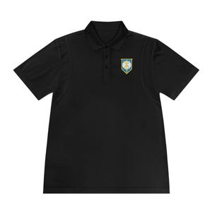 May include: Black polo shirt with a collared neckline and short sleeves. The shirt features a small emblem on the left chest with a gold, white, and blue design. The shirt has a three-button placket.