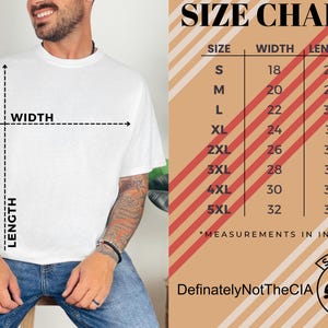 May include: Size chart for a t-shirt with measurements in inches. The chart shows the width and length of the shirt in inches for sizes S through 5XL.