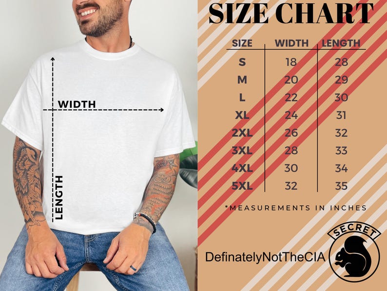 May include: Size chart for a t-shirt with measurements in inches. The chart shows the width and length of the shirt in inches for sizes S through 5XL.