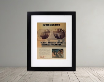 Vintage Ray-Ban Sunglasses Framed Advertisement | Retro Automotive Wall Art | 1970s Ray Ban Magazine Ad | Classic Car Decor
