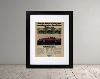 Vintage Chevrolet Monte Carlo Framed Advertisement | Classic Chevy Wall Art | Monte Carlo Magazine Ad | Automotive Garage Decor