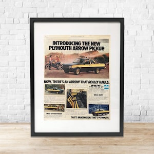 Anúncio emoldurado de picape Plymouth Arrow vintage de 1978 | Impressão original da revista Rolling Stone | Arte de parede automotiva retrô | Presente de caminhonete clássica