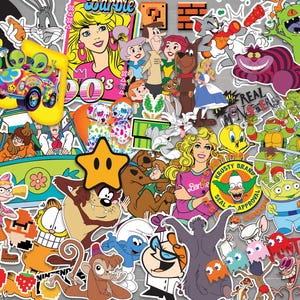 Retro Nostalgia Sticker Pack | Mystery Bundle of 80s 90s Vintage Inspired Waterproof Stickers | Vintage Cartoon Character Laptop Decals