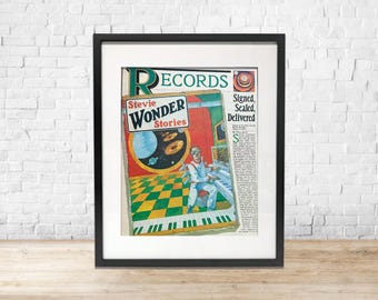 Gerahmtes Stevie Wonder Wandbild | Vintage 1976 Rolling Stone Magazin Illustration | Songs In The Key Of Life Dekor