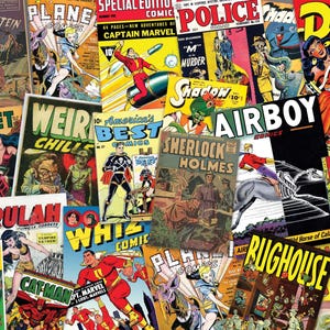 Può includere: Un collage di copertine di fumetti vintage, con vari titoli con illustrazioni colorate e testo in grassetto. I fumetti presentano supereroi, crimini e temi di fantascienza, con titoli come "Frankenstein", "Captain Marvel" e "Sherlock Holmes".