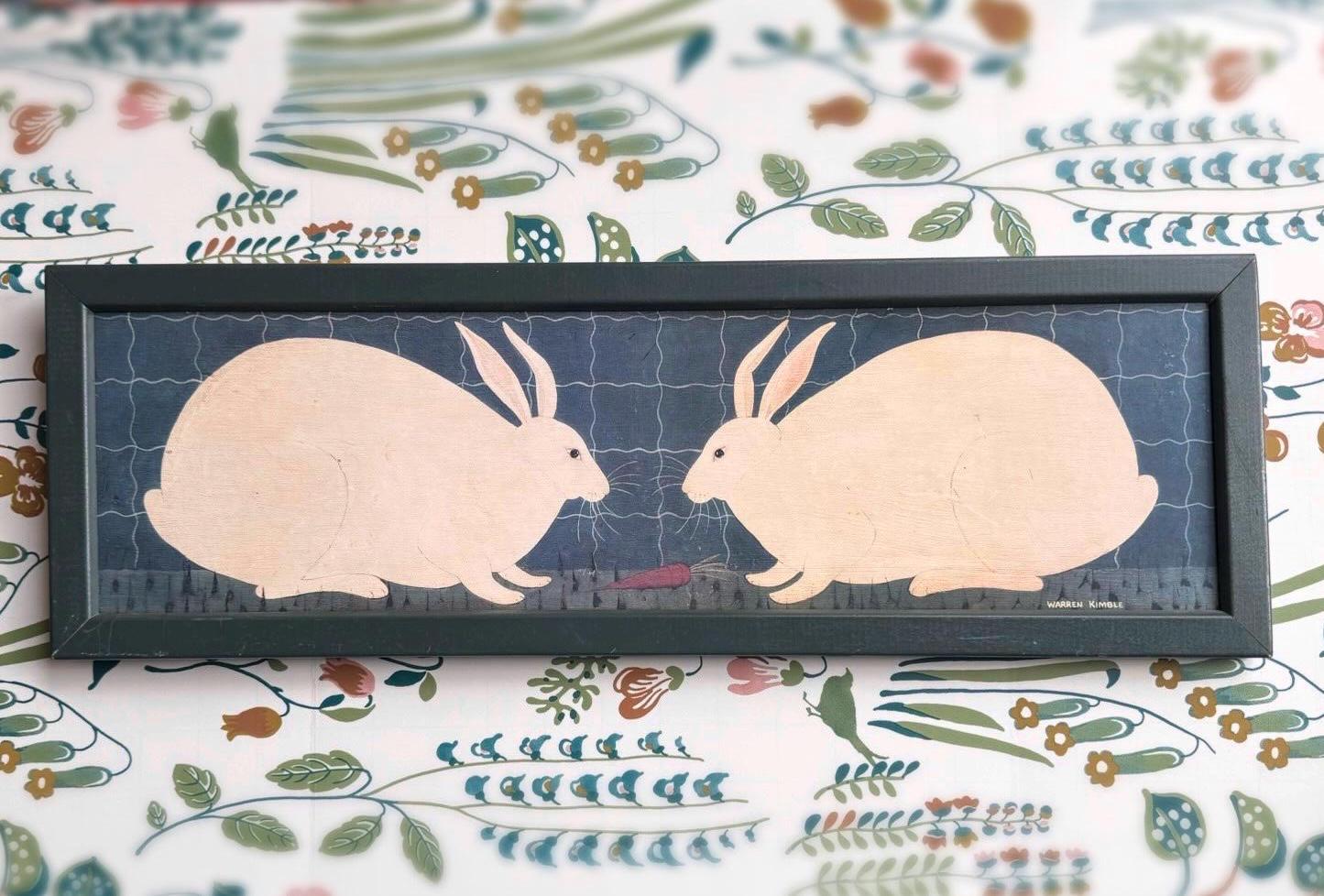 Vintage Warren Kimble Print Folk Art With Two Rabbits and a Vintage Warren Kimble Print Folk Art With Two Rabbits and a