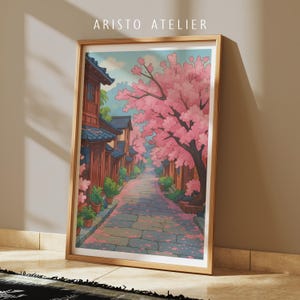 Impression numérique Cherry Blossom Street | Art mural village japonais | Poster printanier de Sakura | Décoration du Japon à téléchargement immédiat | Oeuvre d'art imprimable