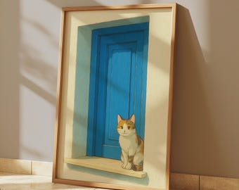 Stampa artistica di gatto calico / Download digitale di gatto porta blu / Arte murale minimalista di gatto / Decorazione stampabile per finestra mediterranea