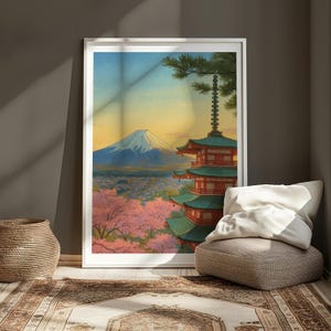 Mount Fuji & Pagoda Sunset | Japanese Cherry Blossom Digital Art Print | Vintage Anime Wall Decor | Printable Japan Landscape Poster
