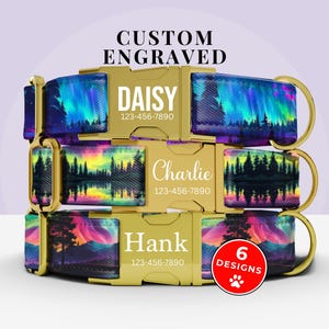 May include: Custom engraved dog collars with gold-colored buckles. The collars feature colorful designs of landscapes and the Northern Lights. Each collar has a name and phone number. The image also shows a red circle with the text "6 Designs".