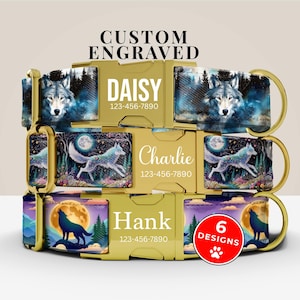 May include: Custom engraved dog collars with gold-colored buckles. The collars feature various wolf designs, including a wolf in a forest, a running wolf under a full moon, and a howling wolf. Each collar is personalized with a name and phone number.