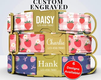 Preppy Strawberry Personalized Dog Collar with Name, Custom Girl Dog Collars Are Cute, Adjustable, and Heavy Duty, Sizes Small - XLarge