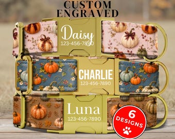 Pumpkin Dog Collar, Personalized Dog Collar with Name, Cute Custom Girl or Boy Fall Dog Collar, Adjustable, Heavy Duty, Sizes Small - XLarge