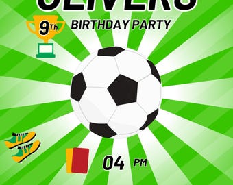 May include: Green and white soccer-themed birthday party invitation for Oliver's 9th birthday. The invitation features a soccer ball, a trophy, a whistle, a red card, and the text "GOAL!" and "OLIVERS 9th BIRTHDAY PARTY".