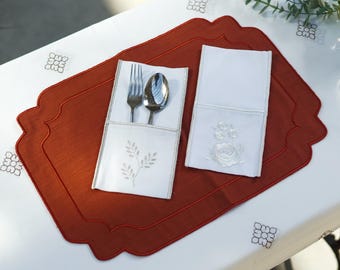 Aureum Rust Orange Linen Embroidered shape Mats (set of 6)